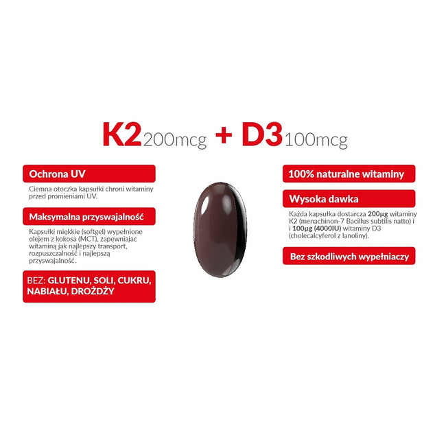 WISH Pharmaceutical Witamina K2 MK-7 200mcg + D3 4000IU 100mcg w oleju MCT suplement diety 120 kapsułek miękkich