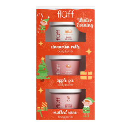 Fluff Winter Evening zestaw peeling do ciała Grzane Wino 100ml + masło do ciała Szarlotka 100ml + masło do ciała Bułeczki Cynamonowe 100ml