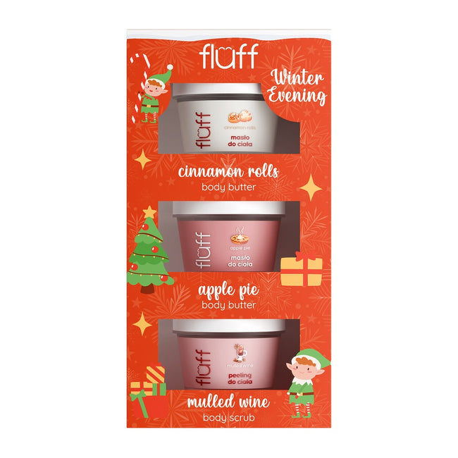 Fluff Winter Evening zestaw peeling do ciała Grzane Wino 100ml + masło do ciała Szarlotka 100ml + masło do ciała Bułeczki Cynamonowe 100ml