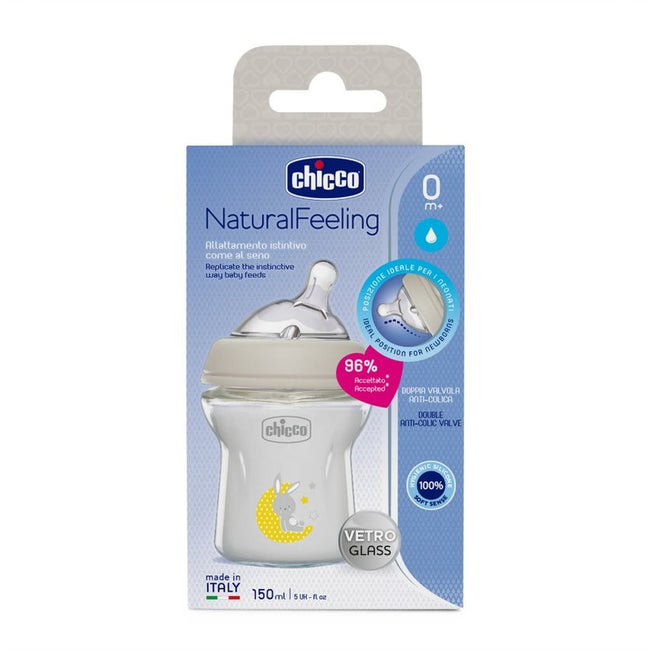 Chicco NaturalFeeling butelka szklana ze smoczkiem silikonowym przepływ wolny 0m+ 150ml