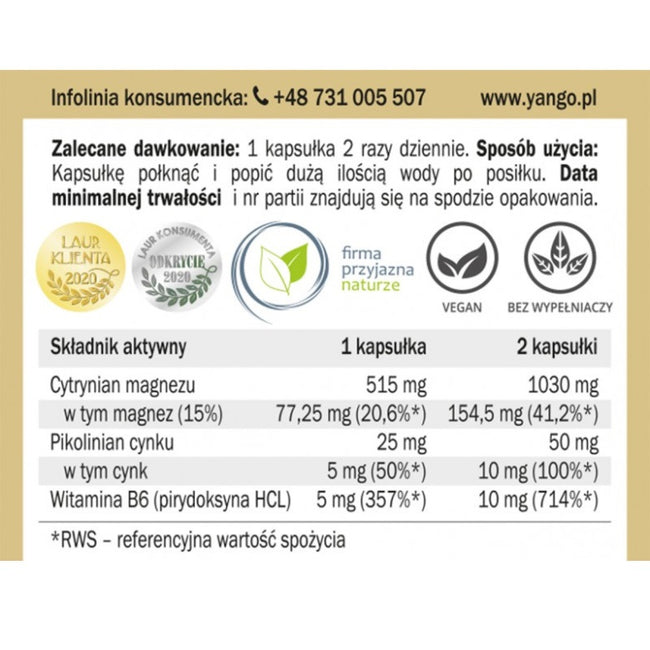 Yango Magnez + Cynk + B6 suplement diety 90 kapsułek roślinnych