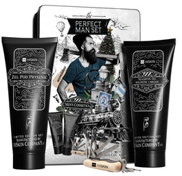 HiSkin Perfect Man zestaw nawilżający szampon do włosów i brody 200ml + odświeżający żel do mycia ciała 200ml + multitool