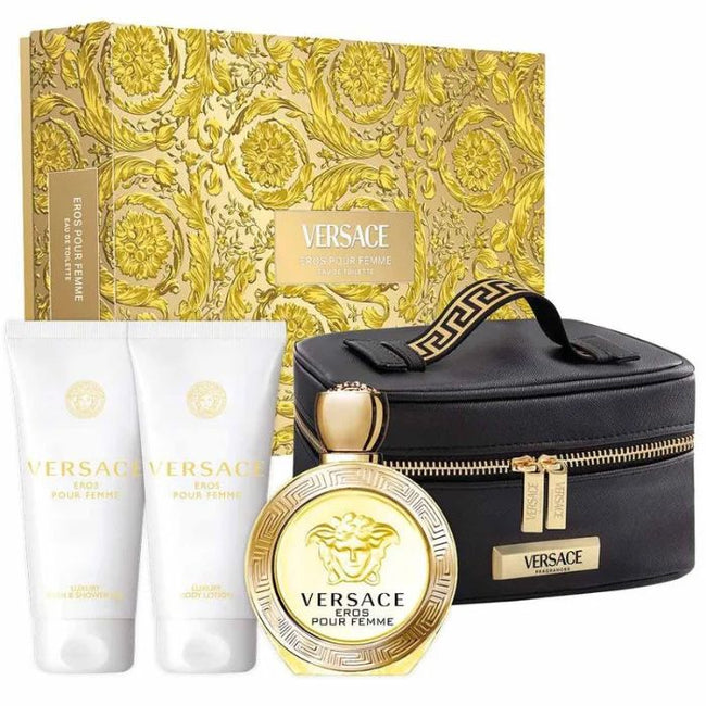 Versace Eros Pour Femme zestaw woda toaletowa spray 100ml + balsam do ciała 100ml + żel pod prysznic 100ml + kosmetyczka