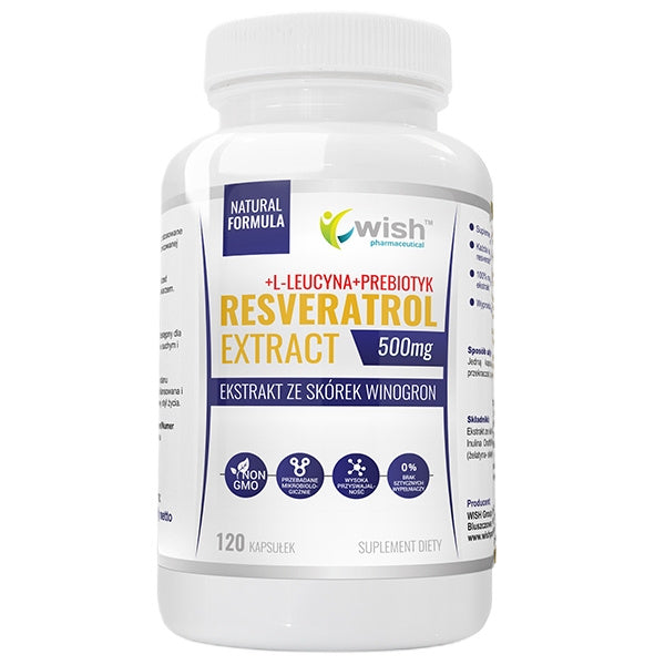 WISH Pharmaceutical Resveratrol Extract 500mg + L-Leucyna + Prebiotyk suplement diety 120 kapsułek