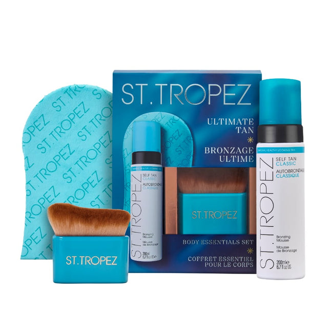 ST. TROPEZ Ultimate Tan Body Essentials Kit zestaw Bronzing Mousse pianka samoopalająca 200ml + aplikator do samoopalacza + szczoteczka