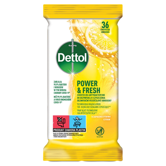 Dettol Power&Fresh chusteczki antybakteryjne do dezynfekcji i czyszczenia o zapachu cytryny 36szt