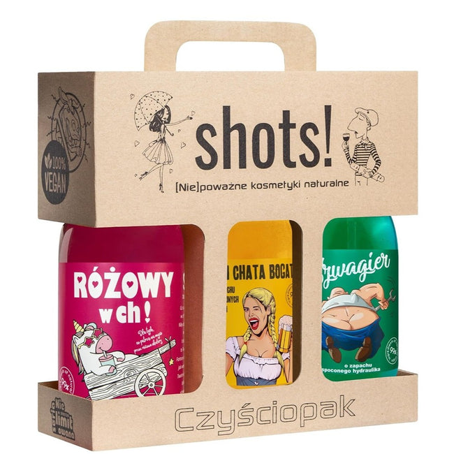 LaQ Shots! Czyściopak zestaw Różowy w Ch! żel pod prysznic 500ml + Czym Chata Bogata żel pod prysznic 500ml + Szwagier żel pod prysznic 500ml