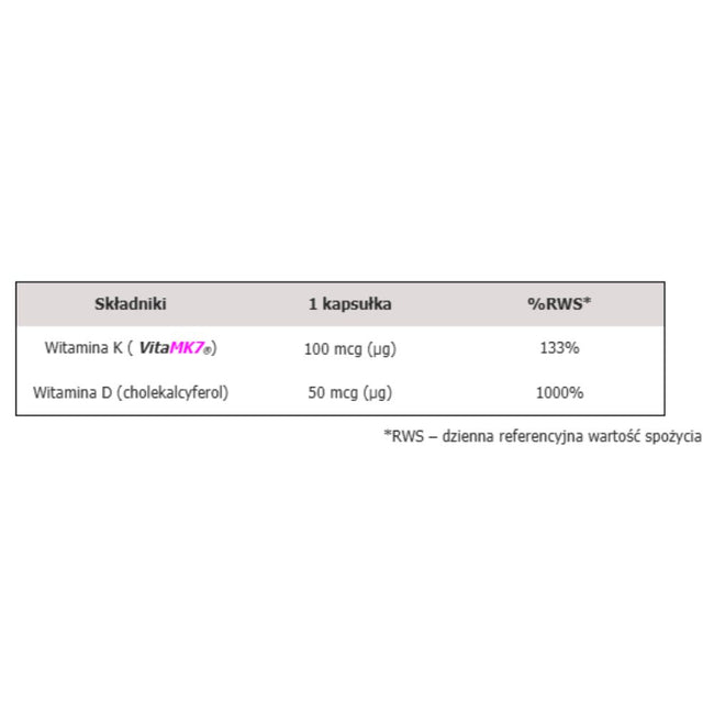 Aliness Witamina K2 MK-7 100 µg z Natto + D3 suplement diety 60 kapsułek