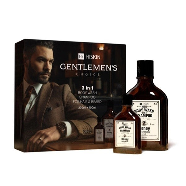 HiSkin Gentleman’s Choice zestaw żel do mycia ciała i szampon do włosów i brody 3w1 Honey 330ml + żel do mycia ciała i szampon do włosów i brody 3w1 Honey 100ml
