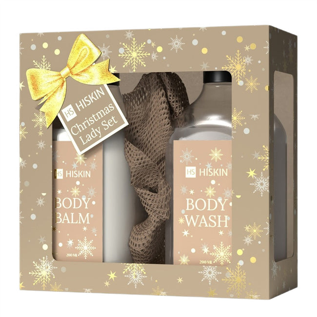 HiSkin Christmas Lady Set zestaw balsam do ciała 200ml + żel pod prysznic 200ml + gąbka 1szt