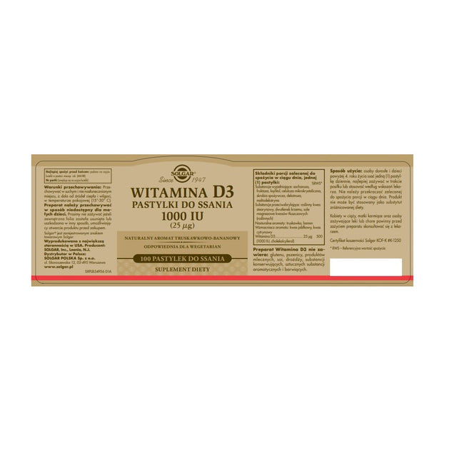 Solgar Witamina D3 1000 IU suplement diety 100 pastylek do ssania