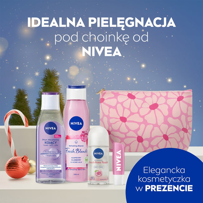 Nivea You Got This zestaw odświeżający żel pod prysznic 300ml + antyperspirant roll-on 50ml + pielęgnująca pomadka do ust 4.8g + kojący płyn micelarny 200ml + kosmetyczka