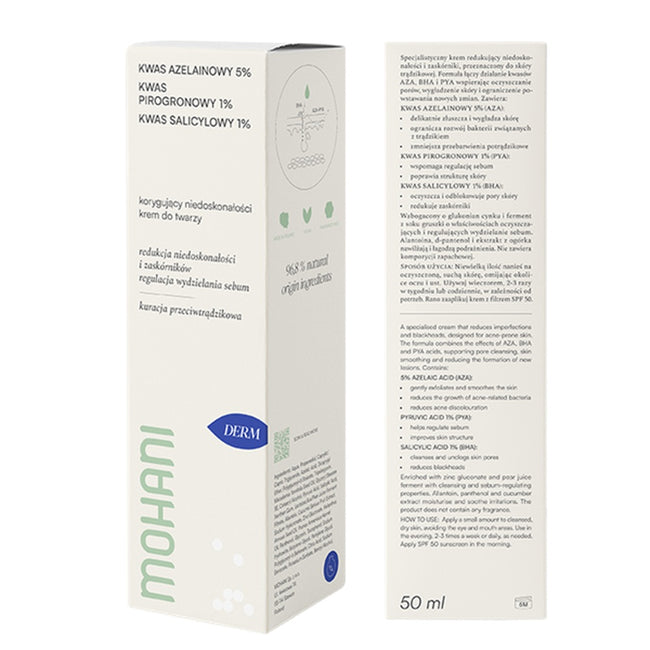 Mohani Derm krem korygujący do cery trądzikowej z kwasem azelainowym 5% kwasem pirogronowym 1% i kwasem salicylowym 1% 50ml