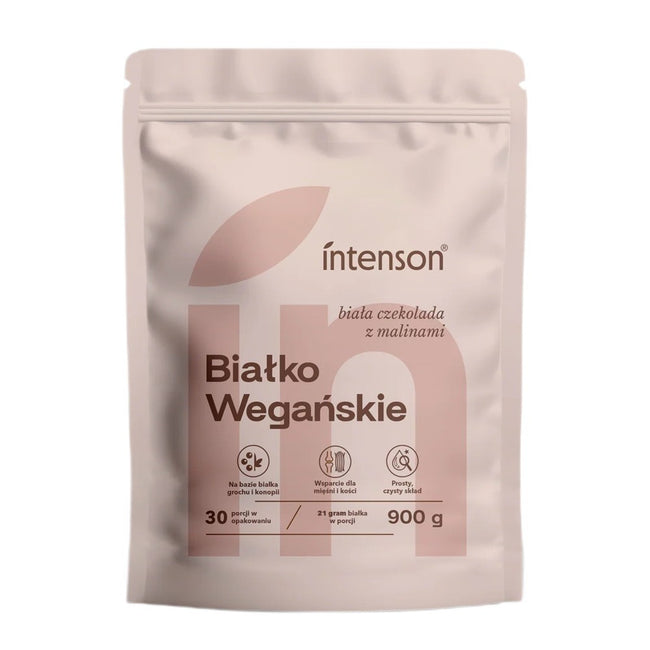 Intenson Białko Wegańskie suplement diety Biała Czekolada z Malinami 900g