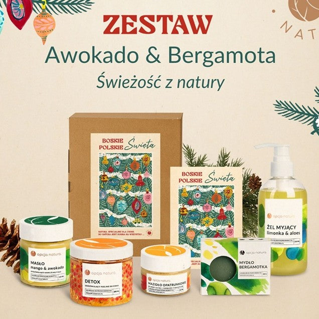 Opcja Natura Boskie Polskie Święta zestaw masło do ciała Mango i Awokado 120g + mazidło opatrunkowe na otarcia i oparzenia 50ml + peeling do ciała Detox 200ml + żel myjący Limonka i Aloes 250ml + mydło Bergamotka 100g