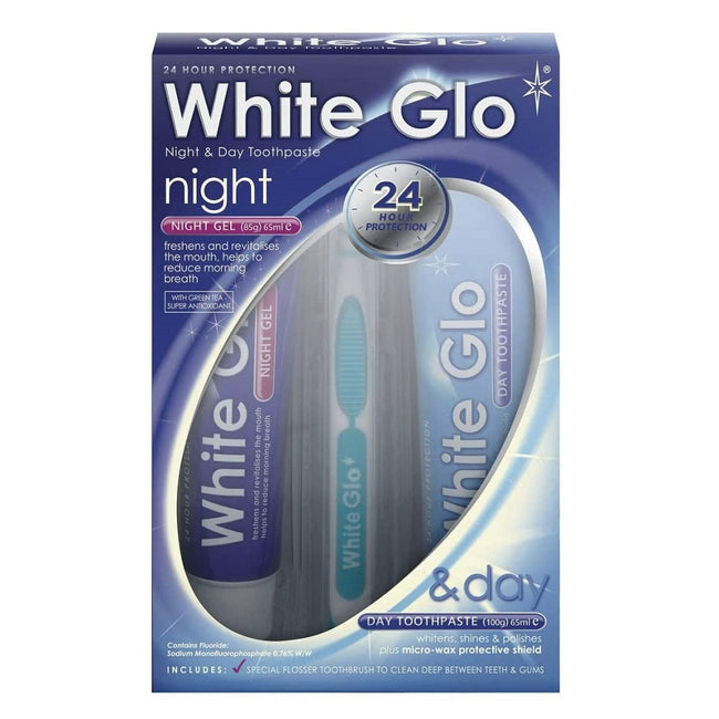 White Glo Night & Day zestaw pasta do zębów 65ml + żel na noc 65ml + szczoteczka do zębów