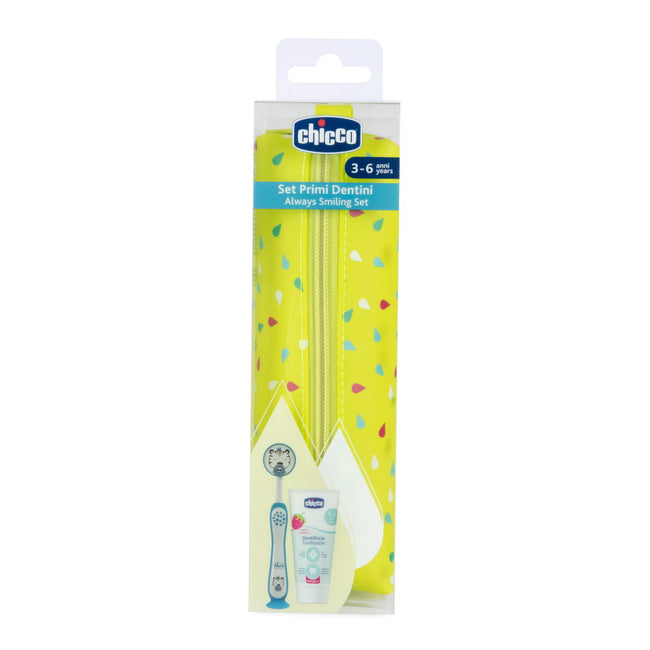 Chicco Always Smiling zestaw podróżny pasta do zębów 50ml + szczoteczka do zębów + etui 3-6l Tiger