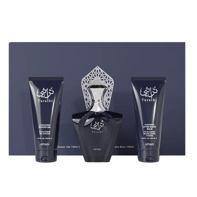 Afnan Turathi Blue Pour Homme zestaw woda perfumowana spray 90ml + żel pod prysznic 100ml + balsam po goleniu 100ml
