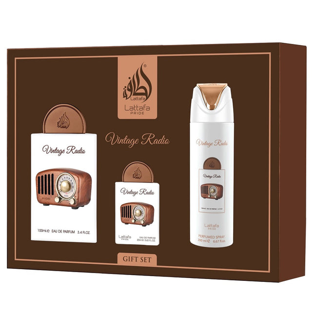 Lattafa Vintage Radio zestaw woda perfumowana spray 100ml + woda perfumowana spray 20ml + dezodorant spray 200ml