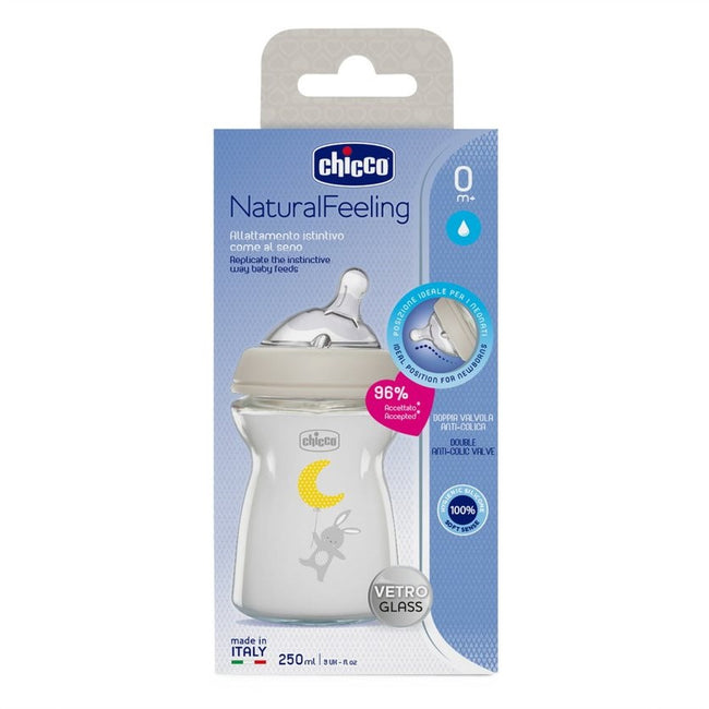 Chicco NaturalFeeling butelka szklana ze smoczkiem silikonowym przepływ wolny 0m+ 250ml