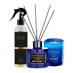 Sorvella Perfume Blue Angel zestaw dyfuzor zapachowy 120ml + zapach do wnętrz 200ml + świeca zapachowa 170g