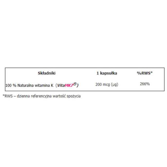 Aliness Witamina K2 Menachinon Mono FORTE MK-7 200 µg z Natto suplement diety 60 kapsułek
