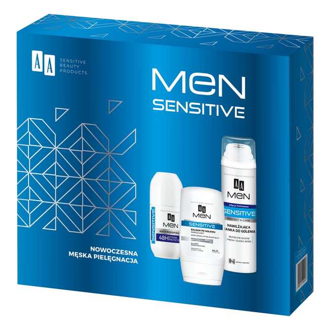 AA Men Sensitive zestaw balsam po goleniu 100ml + pianka do golenia 250ml + antyperspirant w kulce 50ml