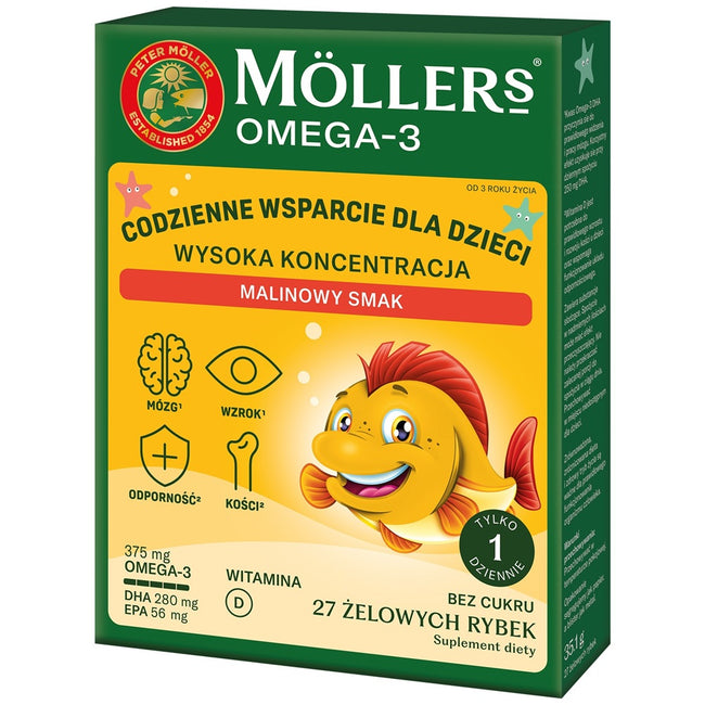 Möller's Omega-3 Rybki Wysoka Koncentracja suplement diety Malina 27 żelek