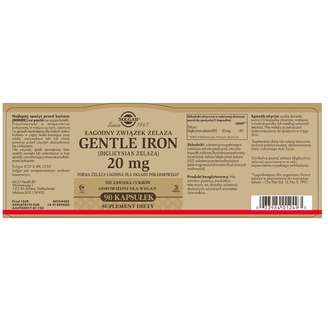Solgar Gentle Iron (diglicynian żelaza) 20 mg suplement diety 90 kapsułek
