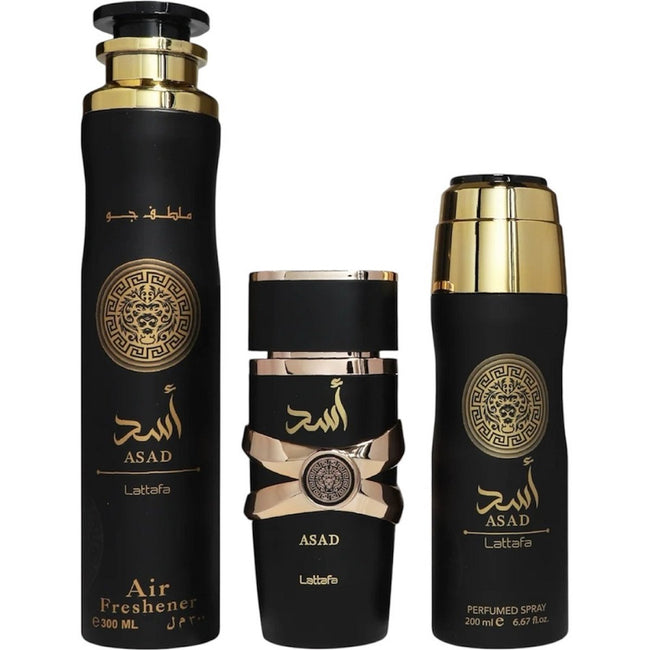 Lattafa Asad zestaw woda perfumowana spray 100ml + dezodorant spray 200ml + odświeżacz powietrza 300ml