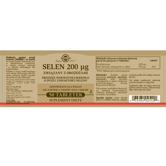 Solgar Selen 200mcg związany z drożdżami suplement diety 50 tabletek