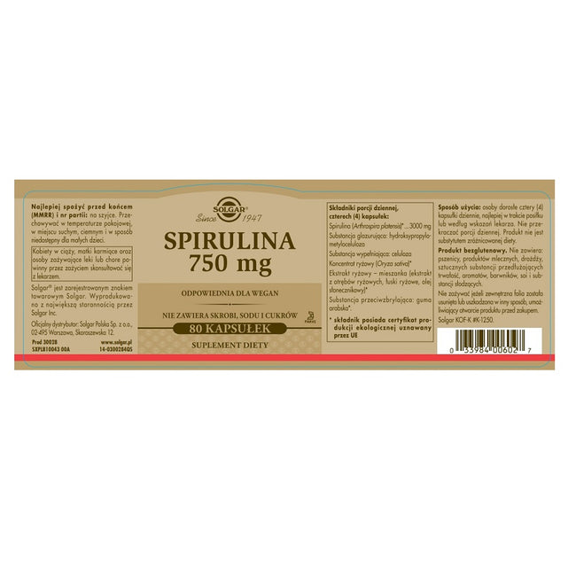 Solgar Spirulina 750mg suplement diety 80 kapsułek