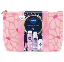 Nivea You Got This zestaw odświeżający żel pod prysznic 300ml + antyperspirant roll-on 50ml + pielęgnująca pomadka do ust 4.8g + kojący płyn micelarny 200ml + kosmetyczka