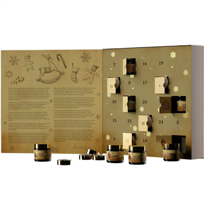 HiSkin Baśniowa Księga Kalendarz Adwentowy świeczki tealight 12x15ml + świeczki sojowe w słoiczkach 12x30ml