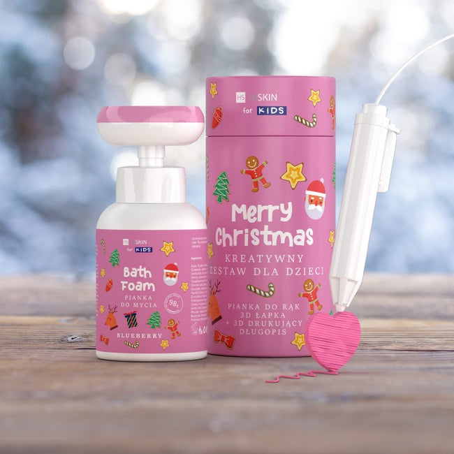 HiSkin Kids Merry Christmas kreatywny zestaw dla dzieci różowa pianka do mycia rąk Jagodowa 300ml + długopis 3D 1szt