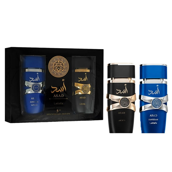 Lattafa 5th Anniversary Edition zestaw Asad woda perfumowana spray 100ml + Asad Zanzibar woda perfumowana spray 100ml
