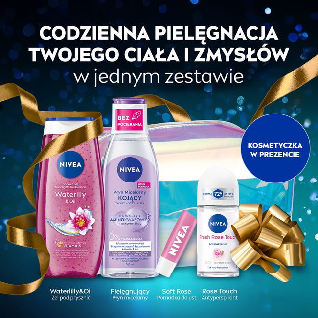 Nivea You Got This zestaw żel pod prysznic 250ml + kojący płyn micelarny 200ml + antyperspirant roll-on 50ml + pielęgnująca pomadka do ust 4.8g