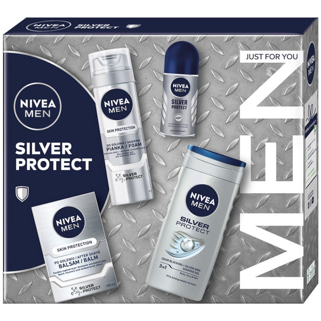 Nivea Men Silver Protect Collection zestaw pianka do golenia 200ml + balsam po goleniu 100ml + antyperspirant roll-on 50ml + żel pod prysznic 3w1 250ml