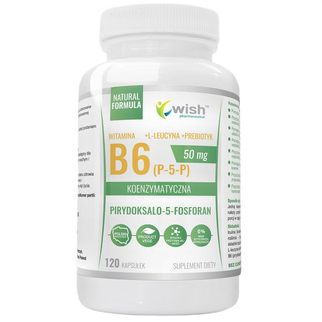 WISH Pharmaceutical Witamina B6 (P-5-P) 50mg Koenzymatyczna + L-Leucyna + Prebiotyk suplement diety 120 kapsułek