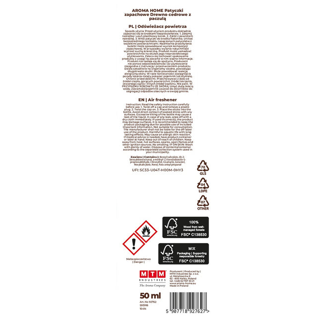 Aroma Home Patyczki zapachowe Drewno Cedrowe z Paczulą 50ml
