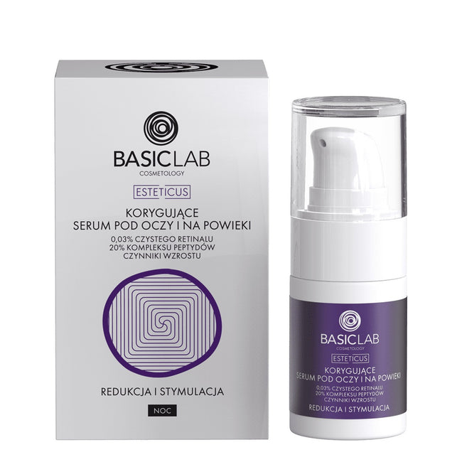 BasicLab Esteticus korygujące serum pod oczy z retinalem 0.03% 20% kompleksem peptydów i czynnikami wzrostu Redukcja i Stymulacja 15ml