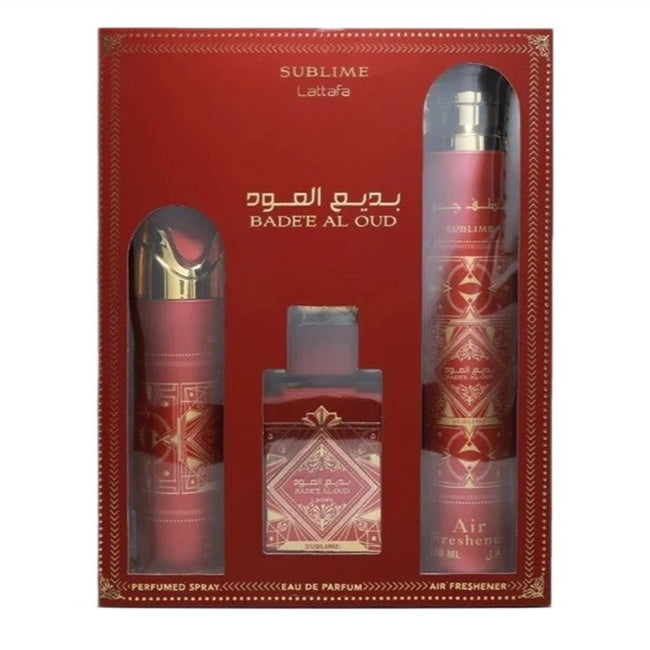 Lattafa Bade'e Al Oud Sublime zestaw woda perfumowana spray 100ml + dezodorant spray 200ml + odświeżacz powietrza 300ml