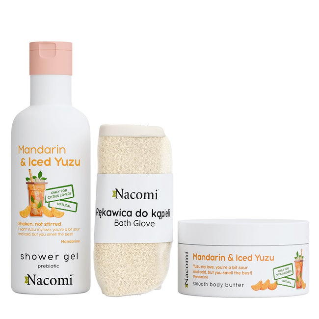 Nacomi Mandarin & Iced Yuzu zestaw żel pod prysznic 300ml + masło do ciała 100ml + rękawica do kąpieli