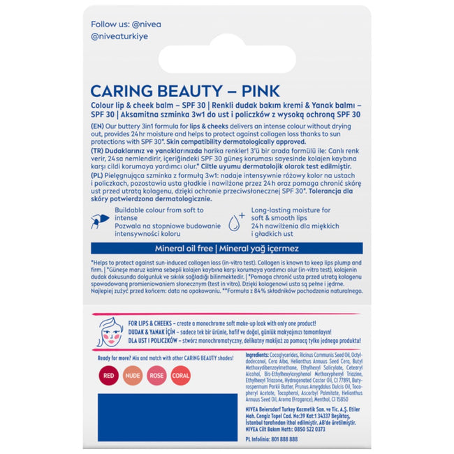 Nivea Caring Beauty pielęgnująca pomadka do ust 3w1 Pink 4.8g