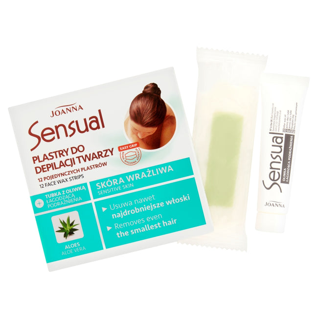 Joanna Sensual plastry do depilacji twarzy Aloes 12szt + tubka z oliwką łagodzącą 10ml