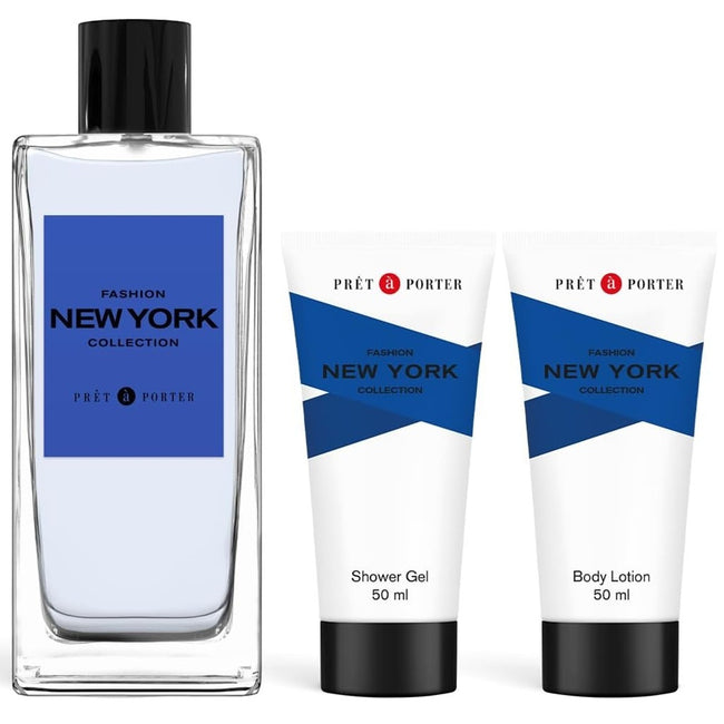 Coty Pret A Porter New York zestaw woda perfumowana spray 100ml + balsam do ciała 50ml + żel pod prysznic 50ml