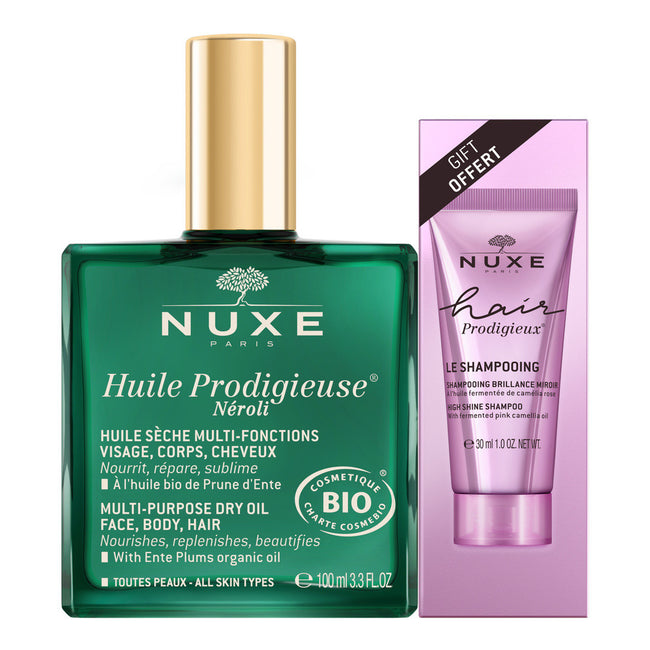 Nuxe Huile Prodigieuse Neroli suchy olejek regenerujący 100ml + Hair Prodigieux szampon wygładzający 30ml