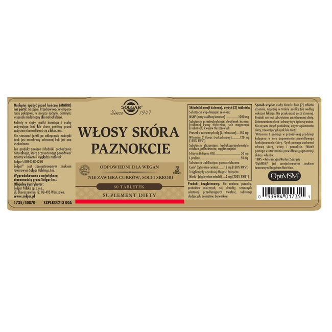 Solgar Włosy Skóra Paznokcie suplement diety 60 tabletek