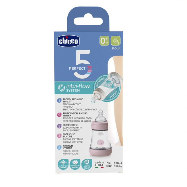 Chicco Perfect5 butelka antykolkowa ze smoczkiem silikonowym przepływ wolny 0m+ Girl 150ml