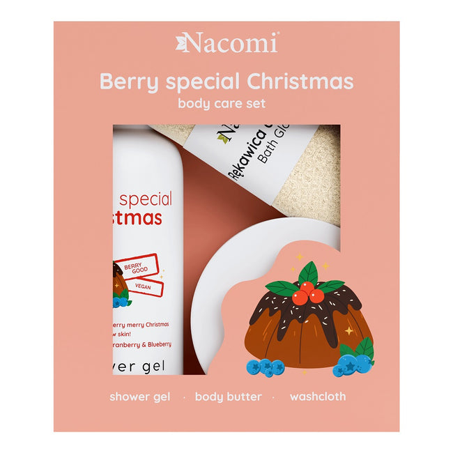 Nacomi Berry Special Christmas zestaw żel pod prysznic 300ml + masło do ciała 100ml + rękawica do kąpieli